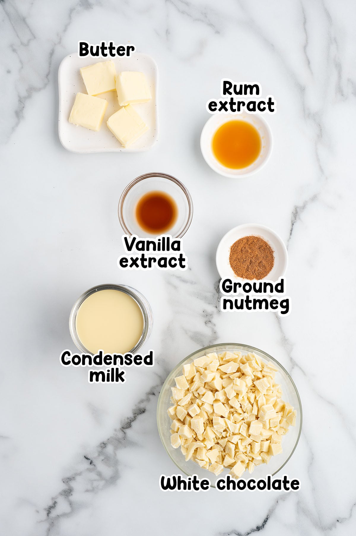 Eggnog fudge ingredients.