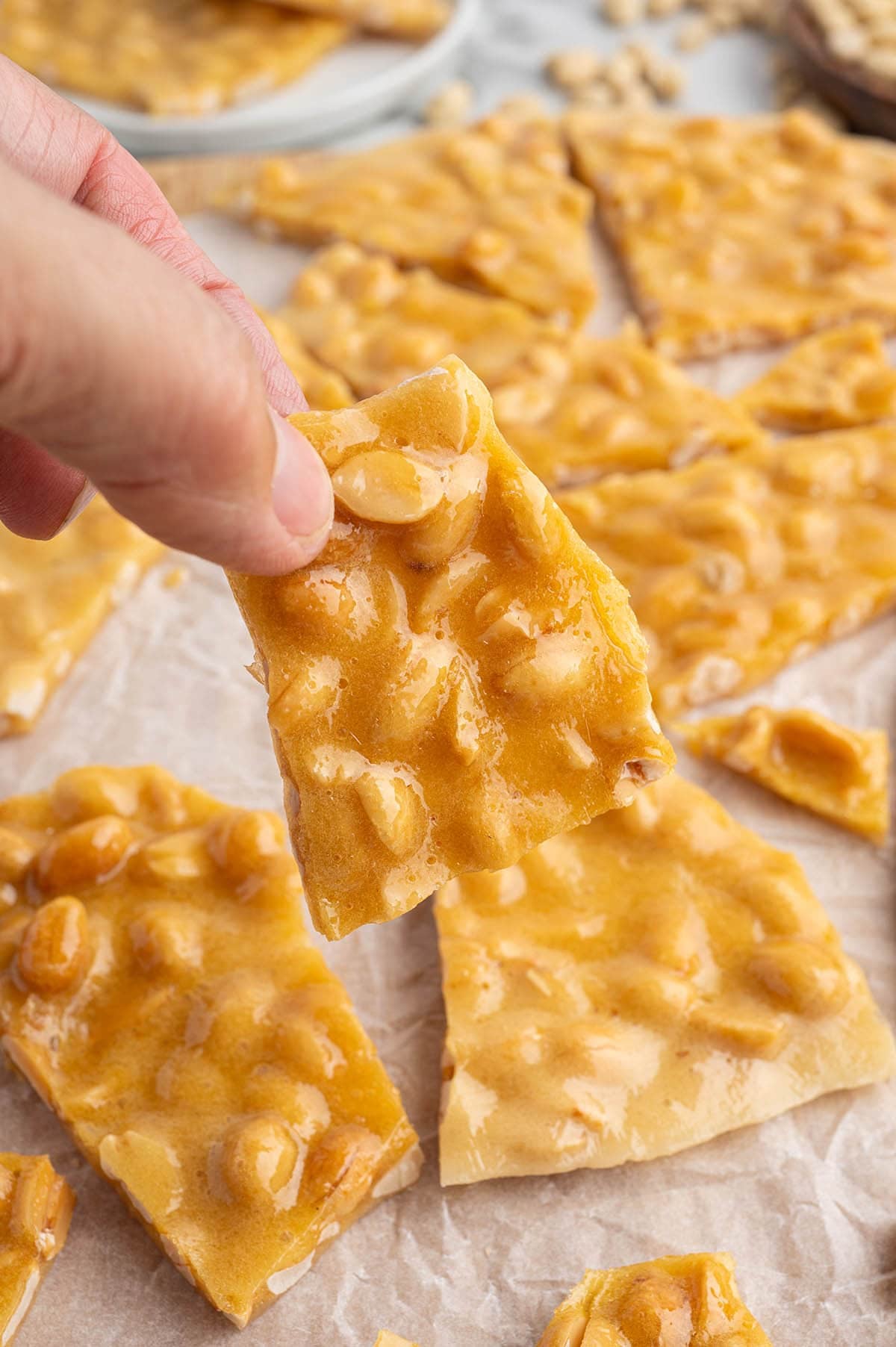 Hand holding a piece of peanut brittle above more broken pieces on parchment paper.