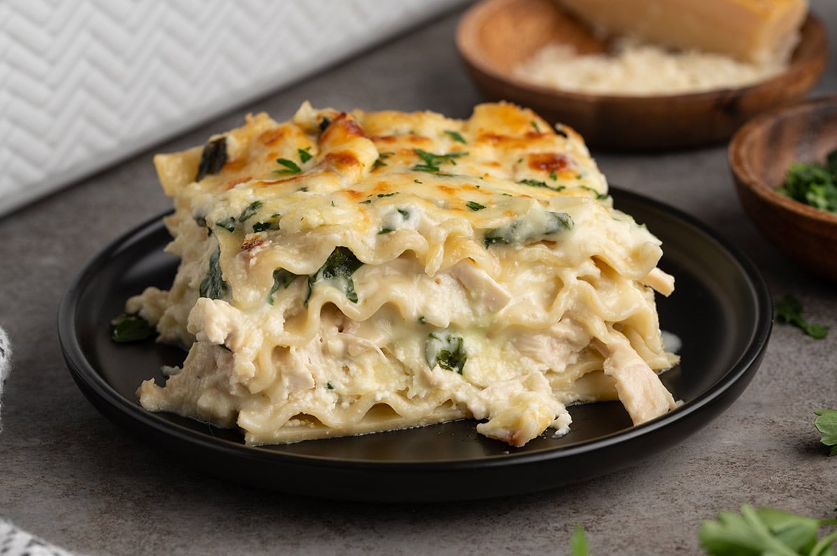 Serve this creamy white chicken lasagna hot, with layers of tender chicken, spinach, ricotta, and gooey melted cheese in every bite.