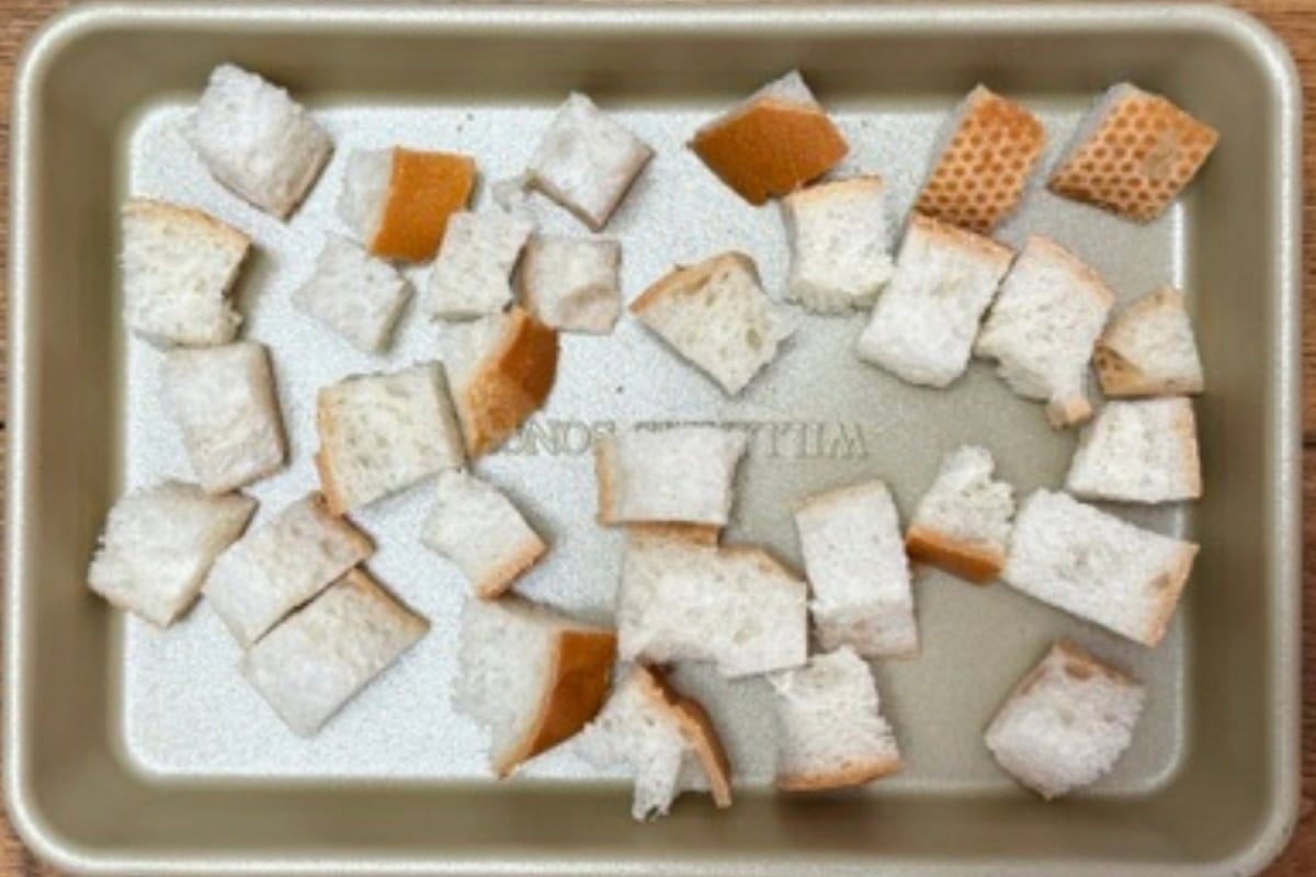 cubed bread on the tray. 