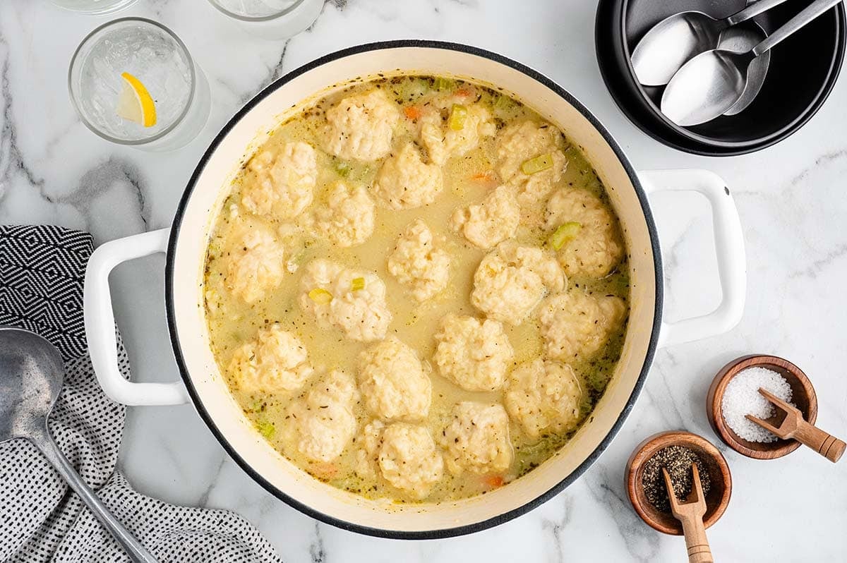 Cooked chicken and dumplings in a pot on a marble counter.
