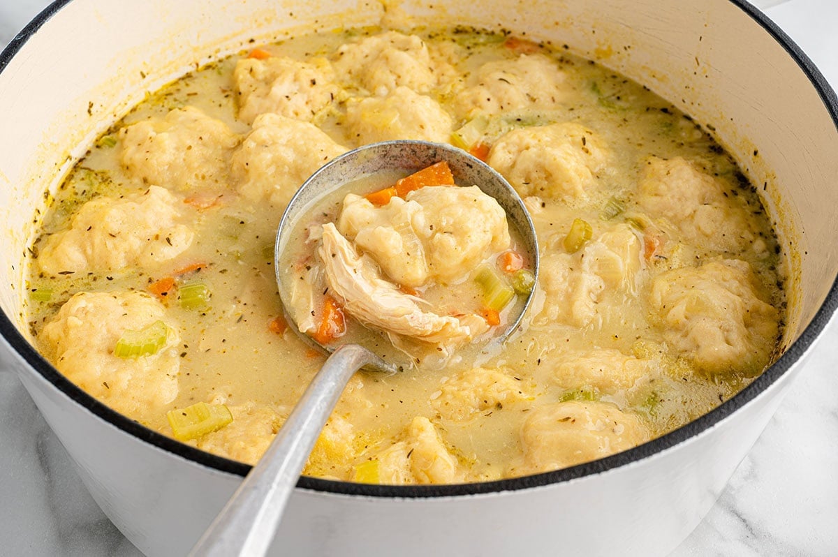 Overhead view of chicken and dumplings in a pot with a ladle.