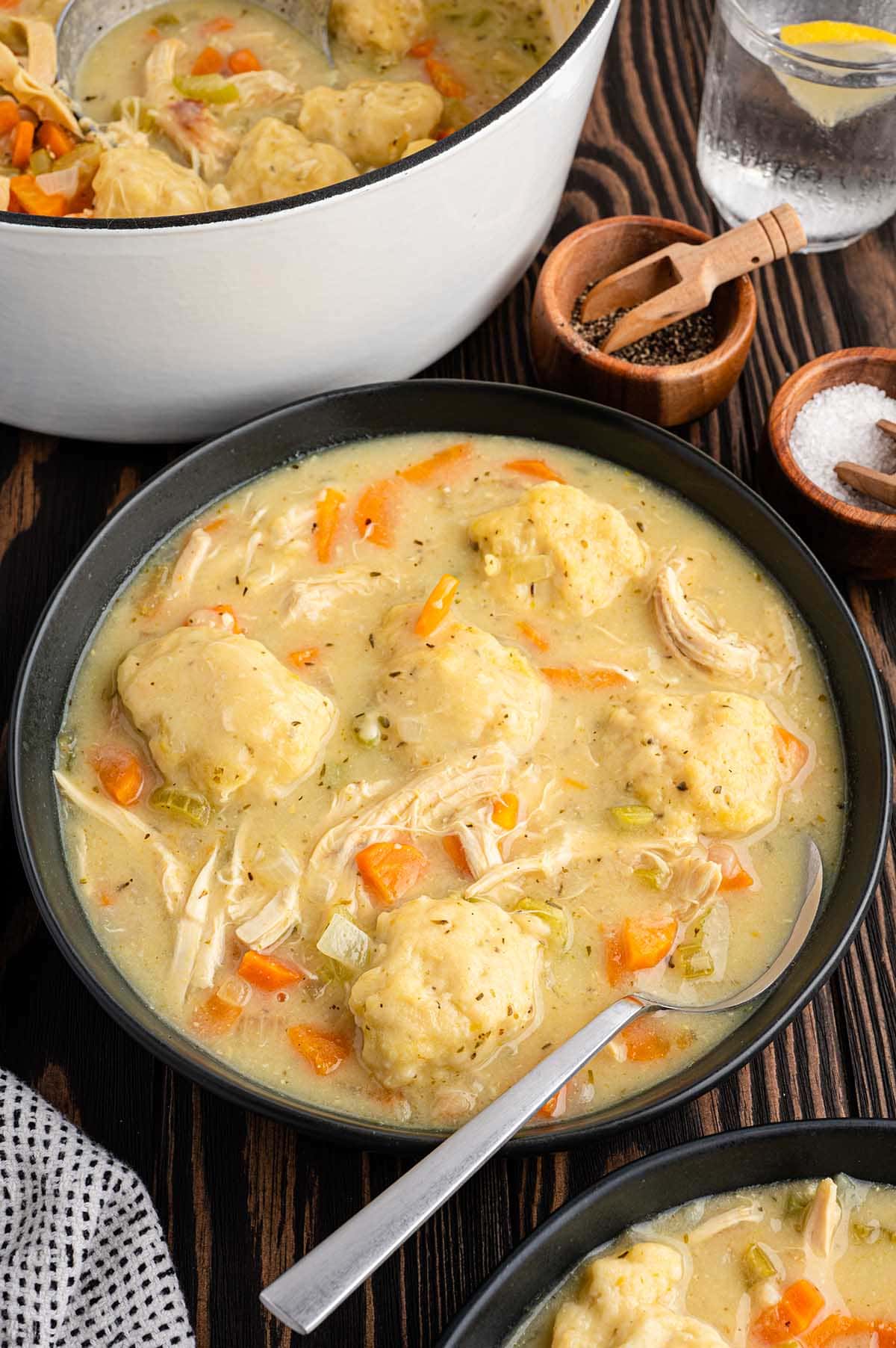 Bowl of chicken and dumplings with a spoon next to the pot.