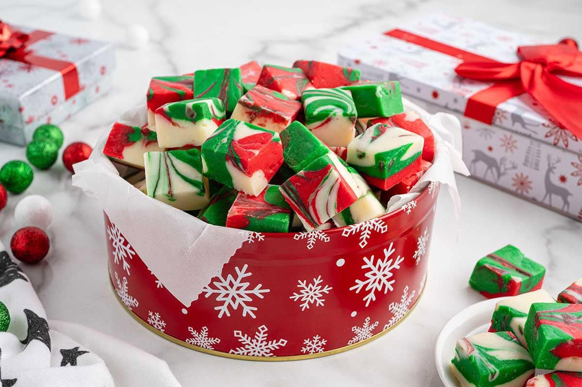 christmas fudge inside cookie tin. 