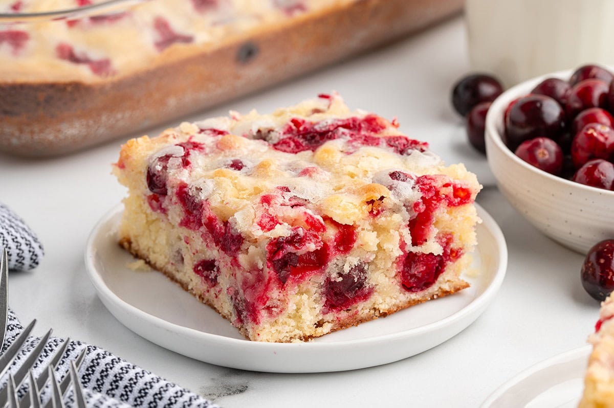 Slice of cranberry cake on a white plate with fresh cranberries baked throughout.