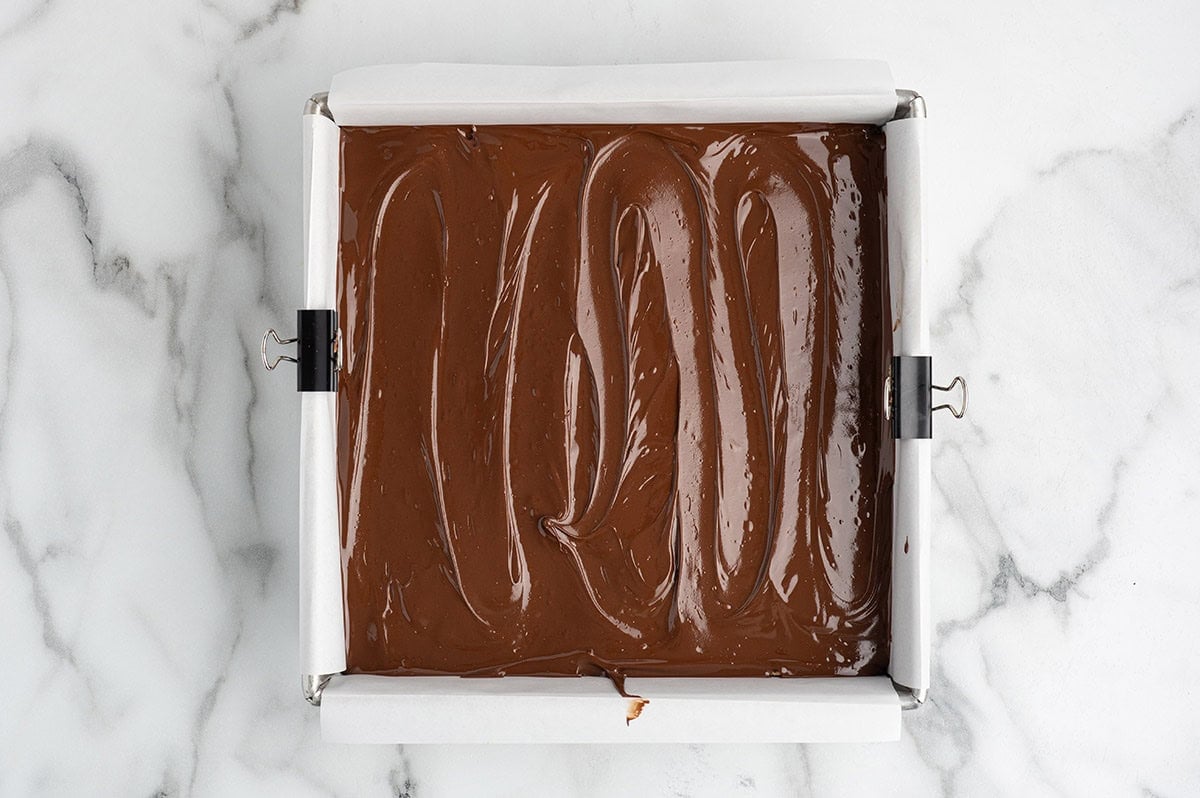 melt the chocolate and spread on top of the peanut butter layer. 