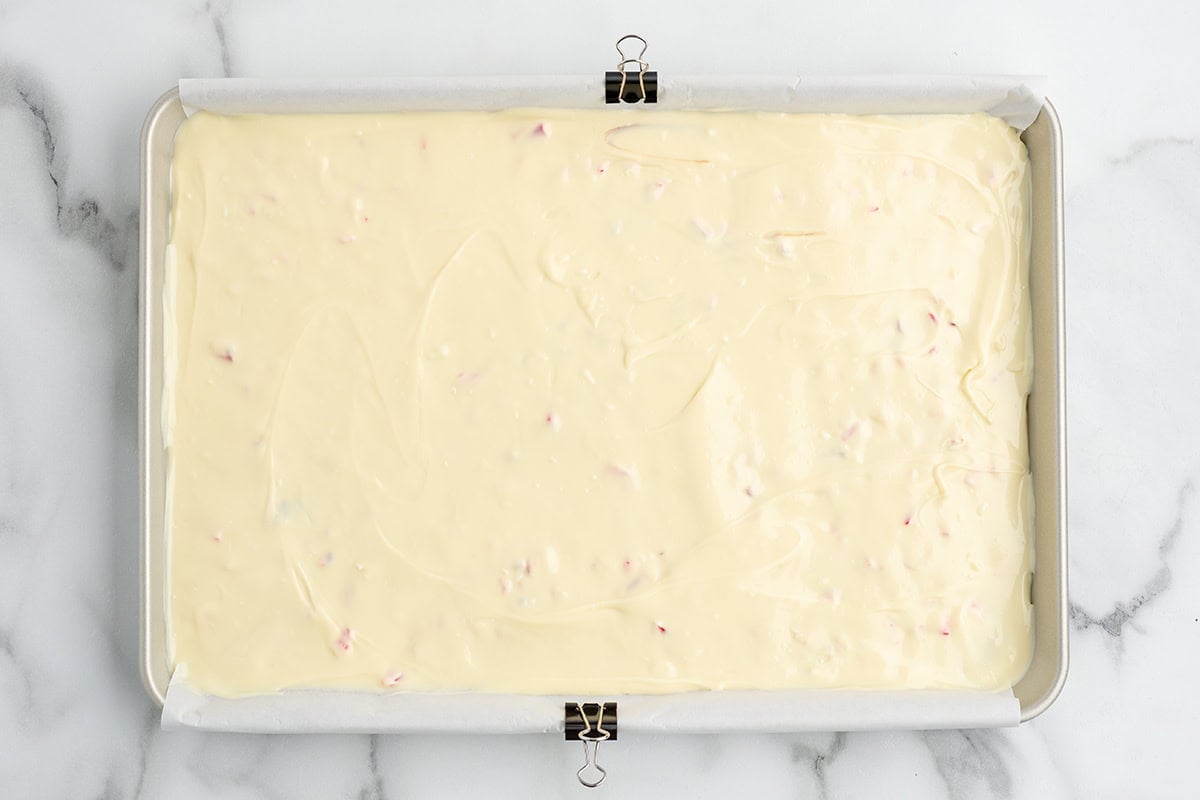 Peppermint bark with a smooth white chocolate layer.