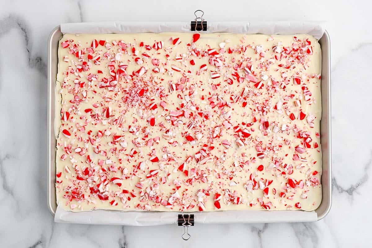 Peppermint bark topped with crushed candy canes.