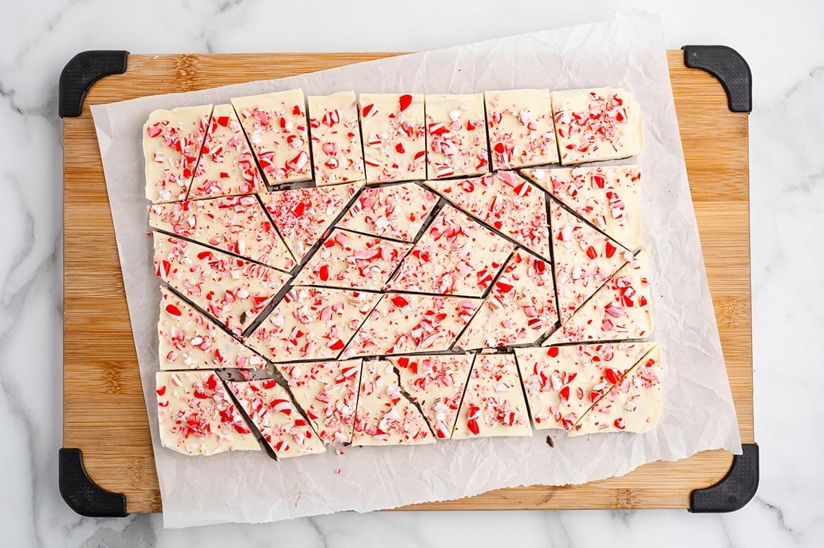 Peppermint bark pieces topped with crushed candy canes.