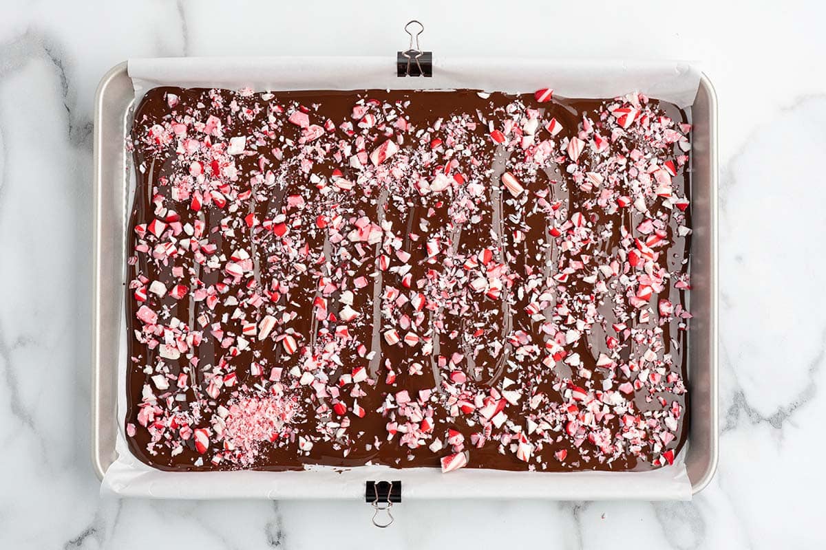 Peppermint bark topped with crushed candy canes.