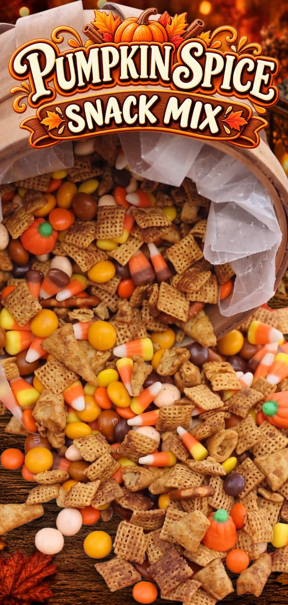 pumpkin spice snack mix spilling from a basket.
