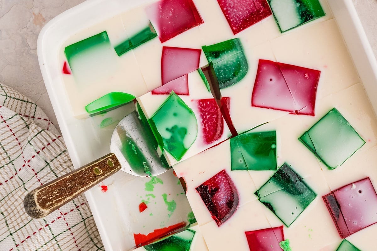 cut broken glass jello into squares.