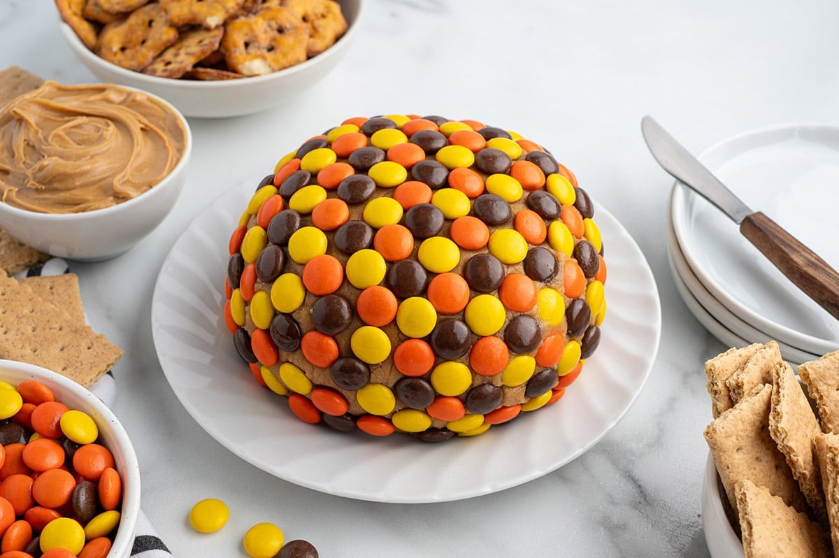 Peanut butter cheese ball covered in Reese's Pieces on a plate, surrounded by graham crackers, pretzels, and peanut butter.