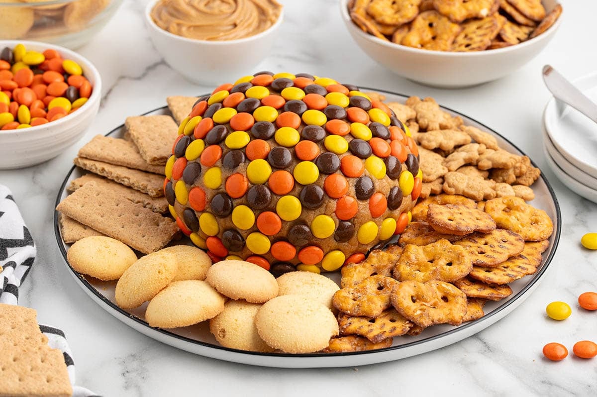 Peanut butter cheese ball covered in Reese's Pieces candy, served on a platter with pretzels, graham crackers, vanilla wafers, and animal crackers.