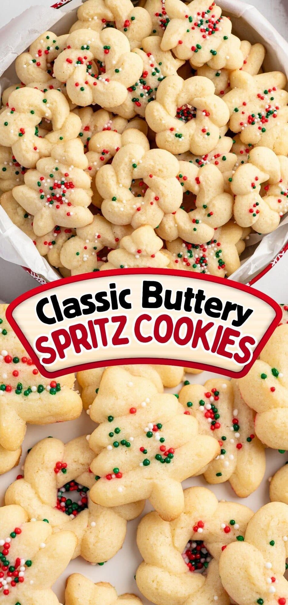 Classic buttery spritz cookies with holiday sprinkles in a tin and on a plate.