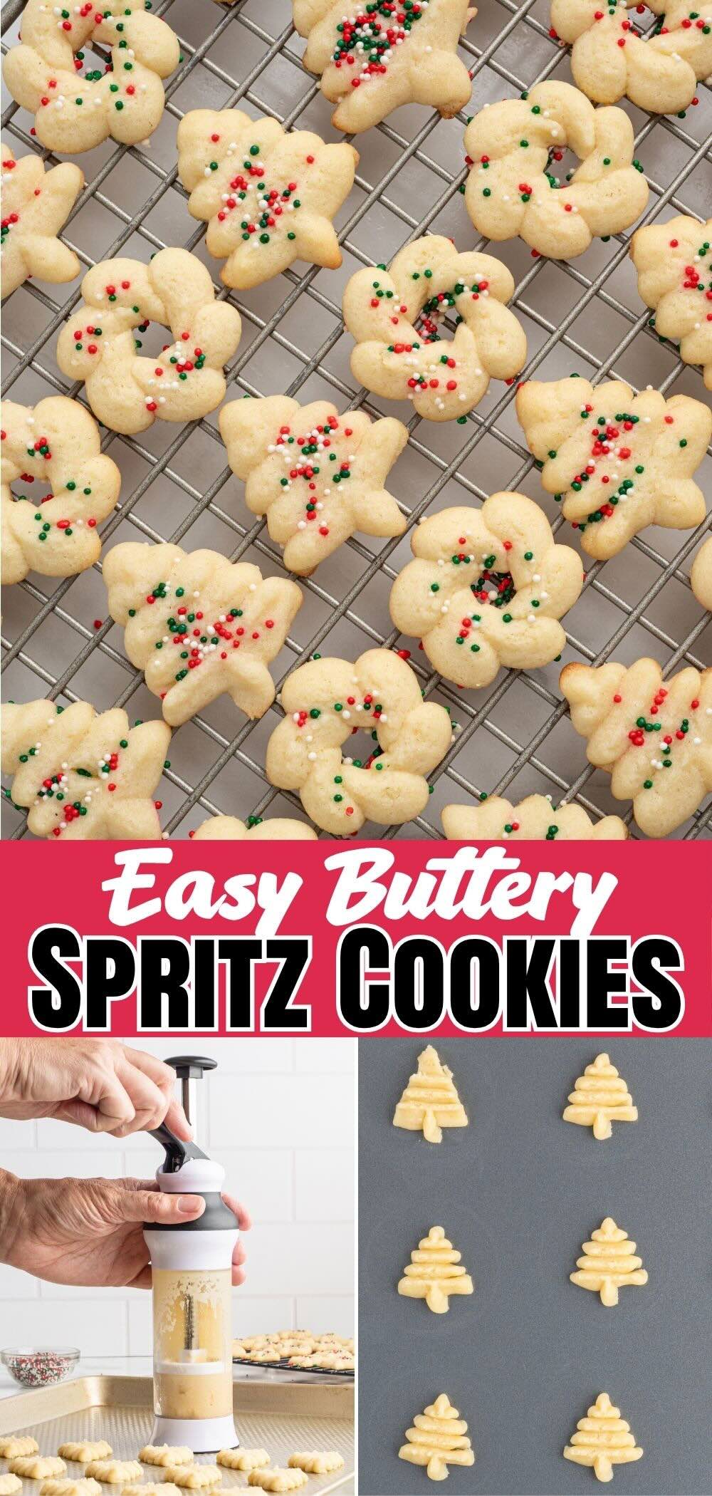 Easy buttery spritz cookies on a rack, with a cookie press and pressed tree-shaped dough.